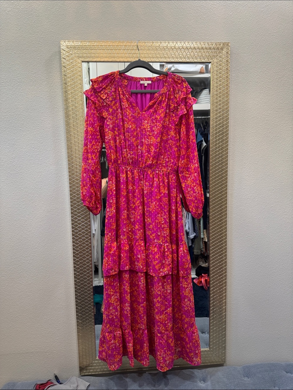 Maxi Dress in Fuchsia Floral Print - Elegant Long Sleeve Tiered Silhouette